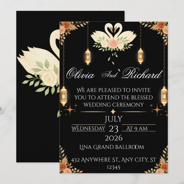 Invitación Elegant Black & Gold Wedding Invitation Template (Anverso / Reverso)