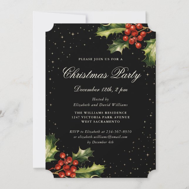 Invitación Elegant Black Holly Red Berries Christmas Party (Anverso)