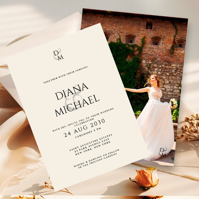 Invitación Elegant Black & Ivory Monogram Wedding Photo (Subido por el creador)