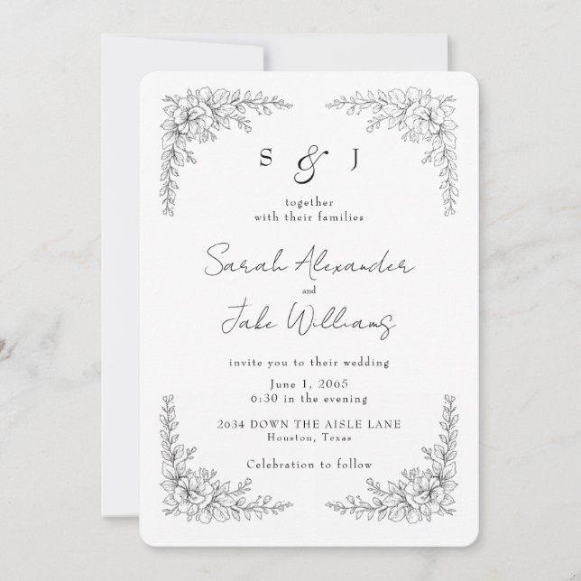 Invitación Elegant Black Outline Floral Wedding Website (Anverso)