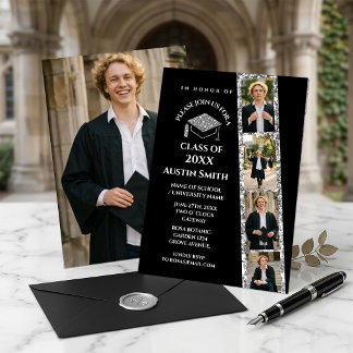 Invitación Elegant Black Photo Strip Graduation with Glitter