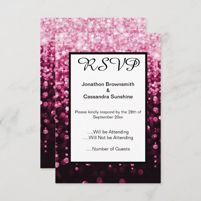 INVITACIÓN ELEGANT BLACK PINK DIAMOND WATERFALL RSVP (Anverso / Reverso)