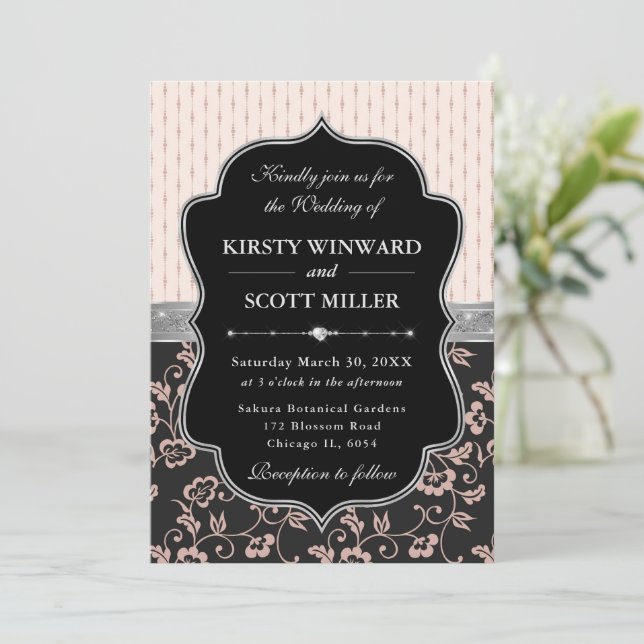Invitación Elegant Black Pink Frame Floral Wedding (Anverso de pie)