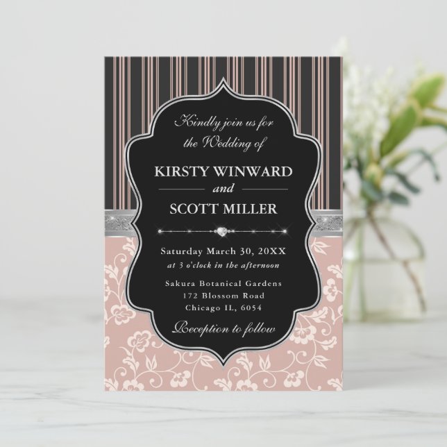 Invitación Elegant Black Pink Frame Floral Wedding (Anverso de pie)