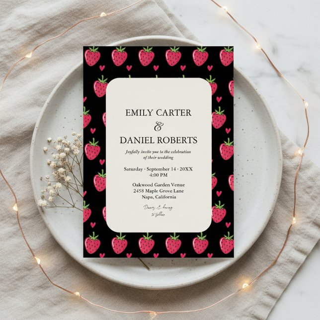 Invitación Elegant Black & Pink Strawberry Wedding Invitation (Subido por el creador)
