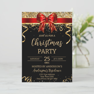 Invitación Elegant Black Red Bow Christmas Holiday Party