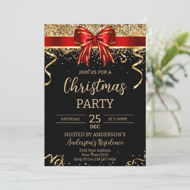 Invitación Elegant Black Red Bow Christmas Holiday Party (Anverso de pie)