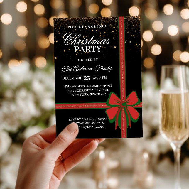 Invitación Elegant Black Red Bow Christmas Holiday Party (Subido por el creador)