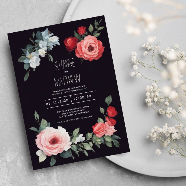 Invitación Elegant black red pink blue roses romantic Wedding (Elegant black red pink blue roses romantic Wedding)