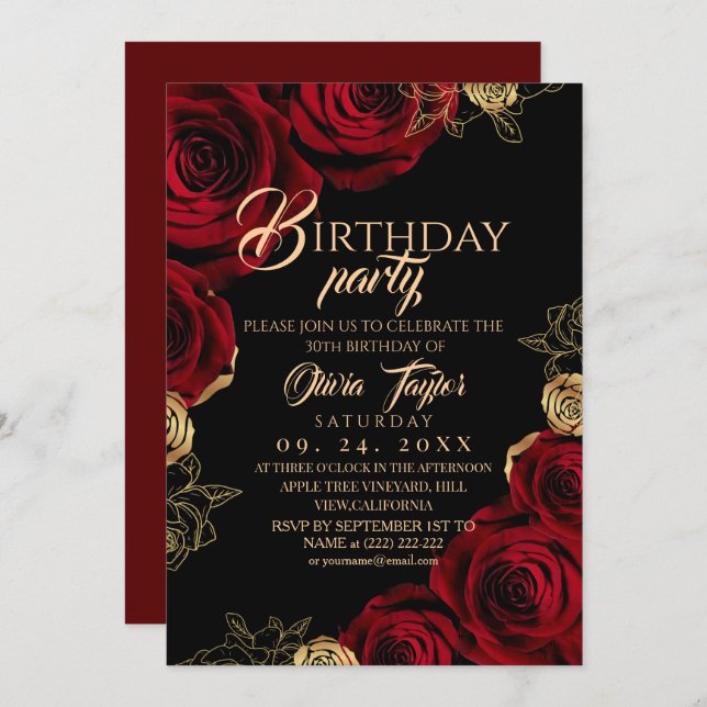 Invitación Elegant Black Red Rose Birthday Party (Anverso / Reverso)