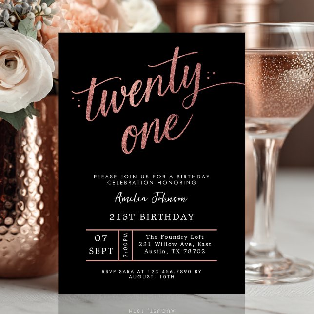 Invitación Elegant Black & Rose Gold Script 21st Birthday (rose gold twenty one birthday invite)