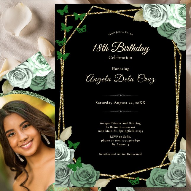 Invitación Elegant Black Sage Green Rose 18th Birthday Debut  (Subido por el creador)