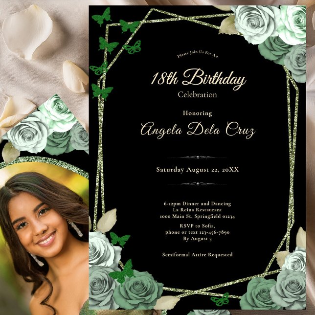 Invitación Elegant Black Sage Green Rose 18th Birthday Debut  (Subido por el creador)