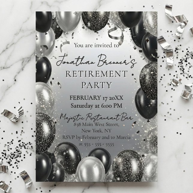 Invitación Elegant Black Silver Balloons Retirement Party (Subido por el creador)