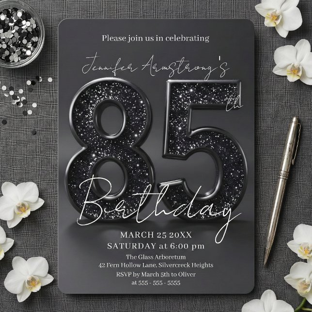 Invitación Elegant Black Silver Glitter 85th Birthday Party (Subido por el creador)