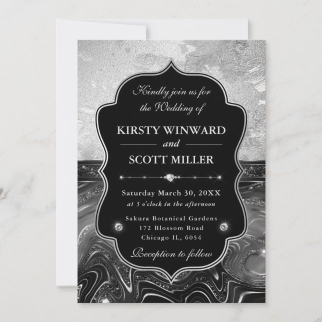 Invitación Elegant Black & Silver Glitter Wedding (Anverso)