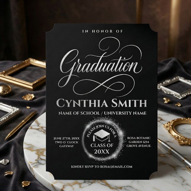 Invitación Elegant Black & silver Graduation  (#graduationcalligraphy #roundsilver #silvergraduation #blackandwhite #luxurygraduationinvitation)