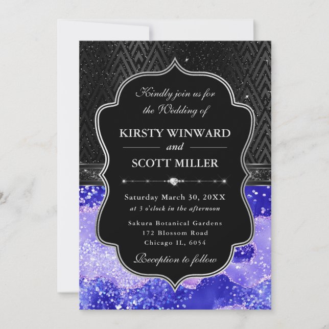Invitación Elegant Black Silver Purple Agate Glitter Wedding (Anverso)
