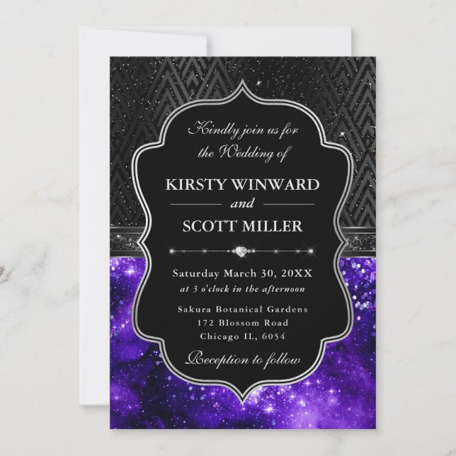 Invitación Elegant Black Silver Purple Galaxy Glitter Wedding (Anverso)