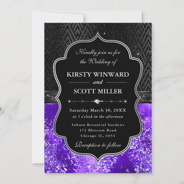 Invitación Elegant Black Silver Purple Glitter Wedding (Anverso)