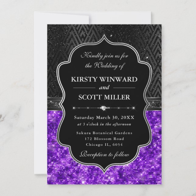 Invitación Elegant Black Silver Purple Sequin Glitter Wedding (Anverso)