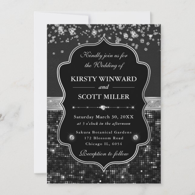 Invitación Elegant Black & Silver Sparkling Glitter Wedding (Anverso)
