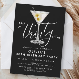 Invitación Elegant Black “Talk Thirty to Me” Martini 30th