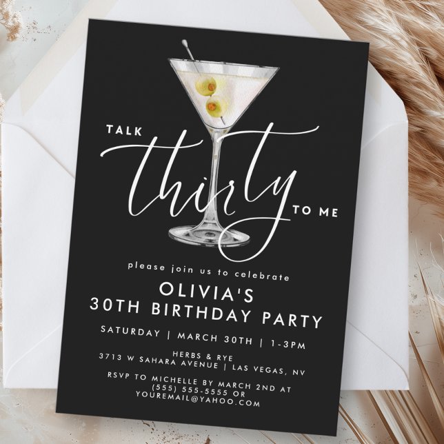 Invitación Elegant Black “Talk Thirty to Me” Martini 30th (Subido por el creador)