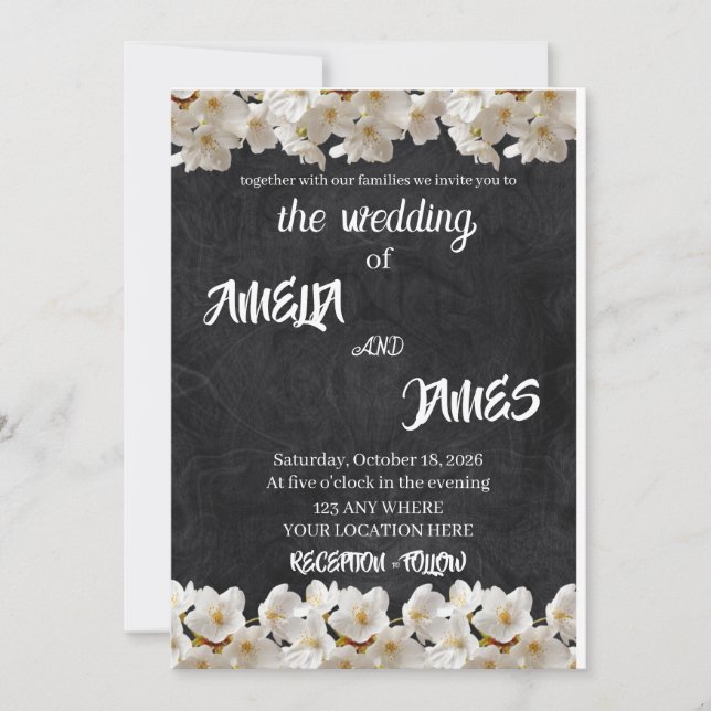 Invitación Elegant Black Textured & White Cherry Blossom (Anverso)