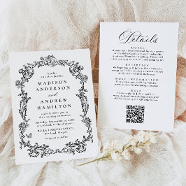 Invitación Elegant Black Victorian Floral All in One Wedding