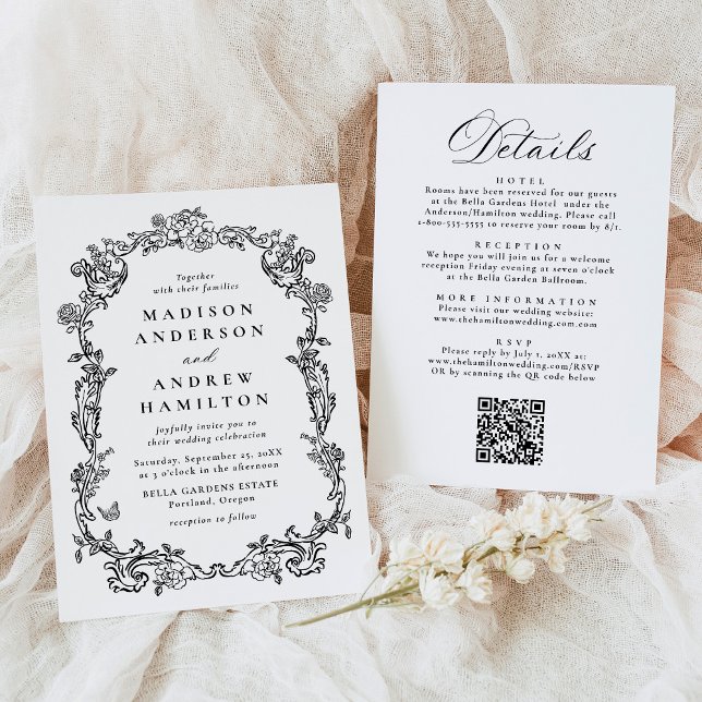 Invitación Elegant Black Victorian Floral All in One Wedding (Subido por el creador)