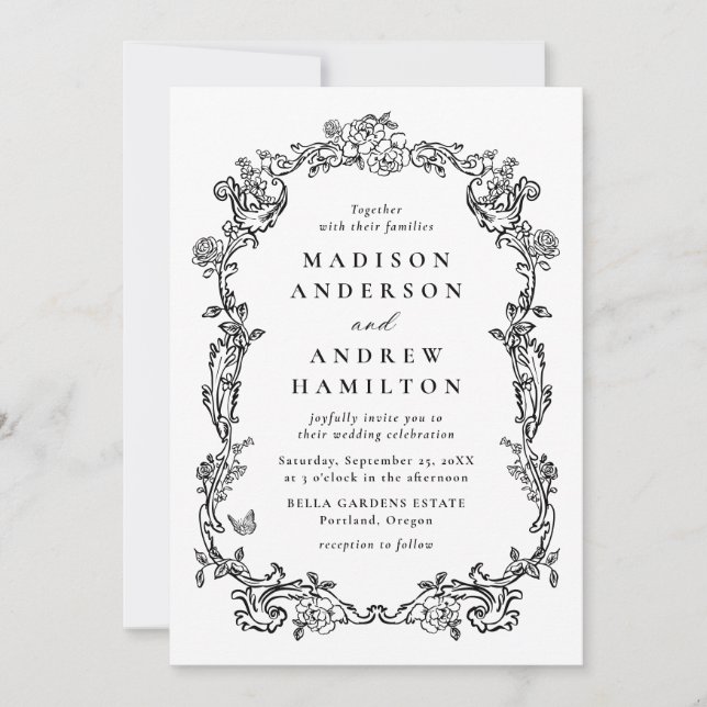 Invitación Elegant Black Victorian Floral Frame Wedding (Anverso)