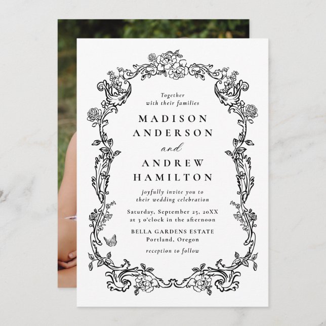 Invitación Elegant Black Victorian Floral Photo Wedding (Anverso / Reverso)