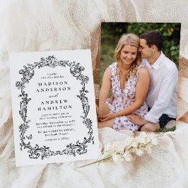 Invitación Elegant Black Victorian Floral Photo Wedding