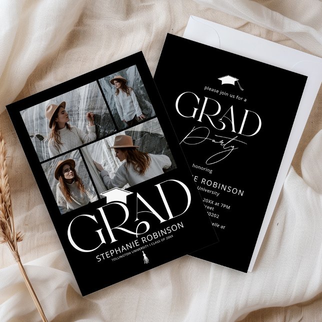 Invitación Elegant Black & White 4 Photo Graduation Party (Subido por el creador)