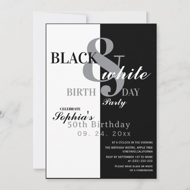 Invitación Elegant Black & White Birthday Party (Anverso)