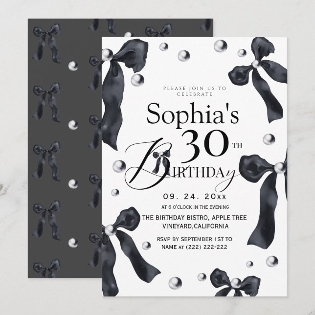Invitación Elegant Black & White Bow Birthday   (Anverso / Reverso)