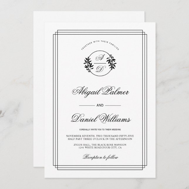 Invitación Elegant black, white branch and initials wedding i (Anverso / Reverso)