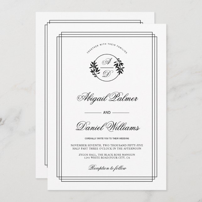 Invitación Elegant black, white branch and QR code wedding (Anverso / Reverso)