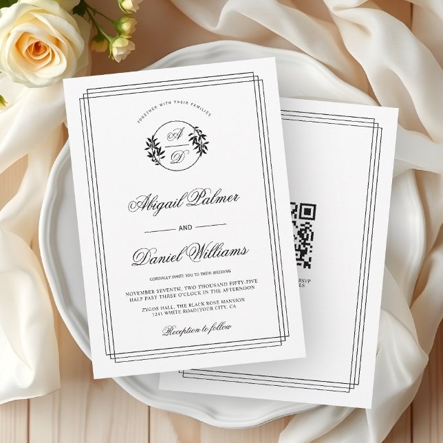 Invitación Elegant black, white branch and QR code wedding (Subido por el creador)