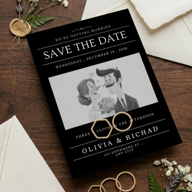 Invitación Elegant Black & White Cartoon Couple Wedding Save  (Subido por el creador)