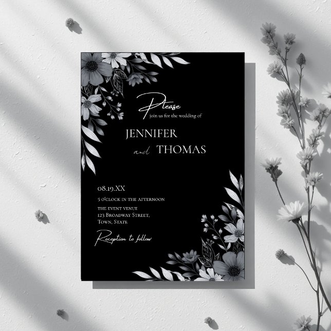 Invitación Elegant Black & White Floral Hand-Drawn Wedding (Subido por el creador)
