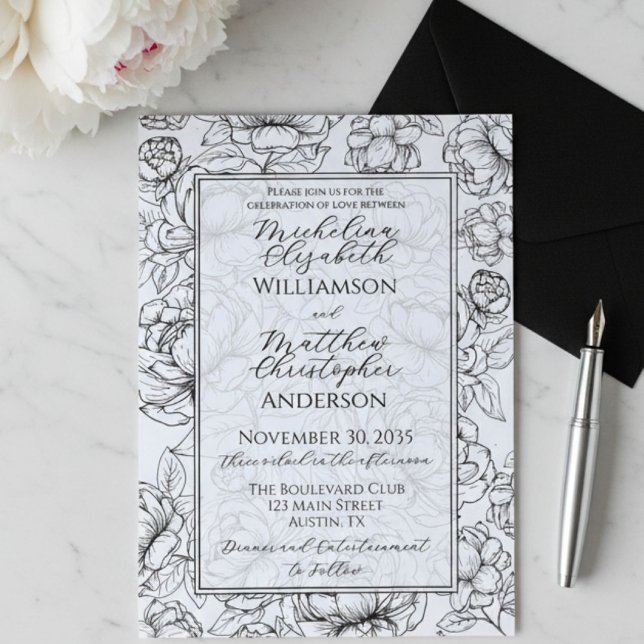 Invitación Elegant Black White Hand-Drawn Floral Wedding  (Subido por el creador)