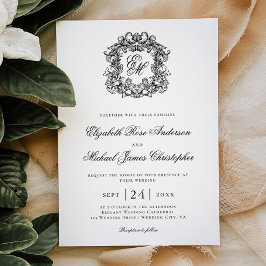 Invitación Elegant Black White Monogram Crest Wedding