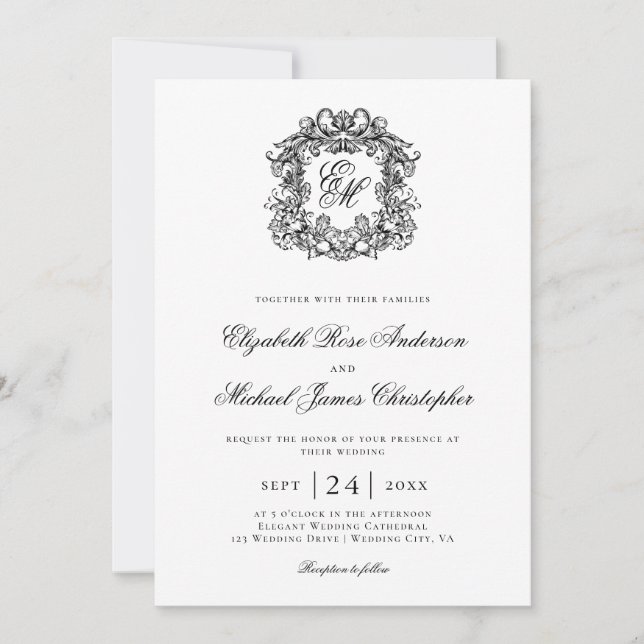 Invitación Elegant Black White Monogram Crest Wedding (Anverso)