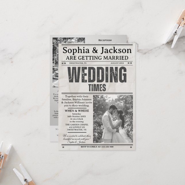 Invitación Elegant Black & White Photos Wedding Newspaper     (Anverso/Reverso In Situ)