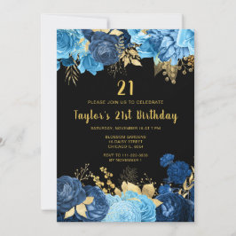 Invitación Elegant Blue and Gold Flowers Birthday Party