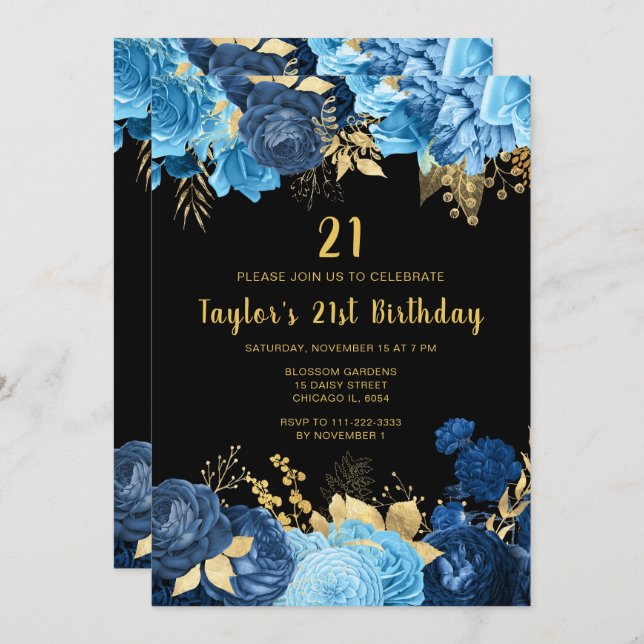 Invitación Elegant Blue and Gold Flowers Birthday Party (Anverso / Reverso)