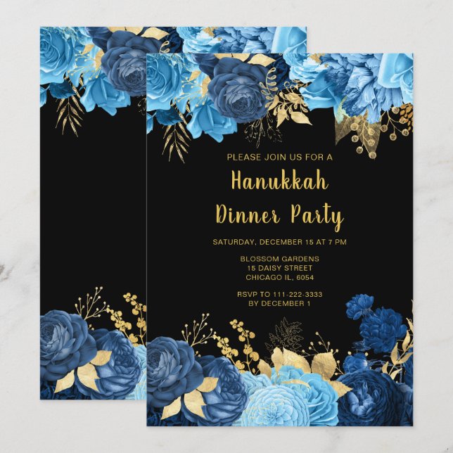 Invitación Elegant Blue and Gold Flowers Hanukkah Party (Anverso / Reverso)