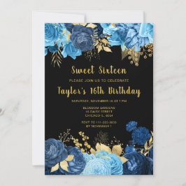 Invitación Elegant Blue and Gold Flowers Sweet Sixteen